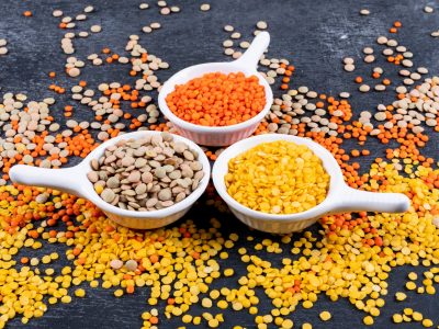 Different lentils in a mini white spice bowls on a black stone background. side view.